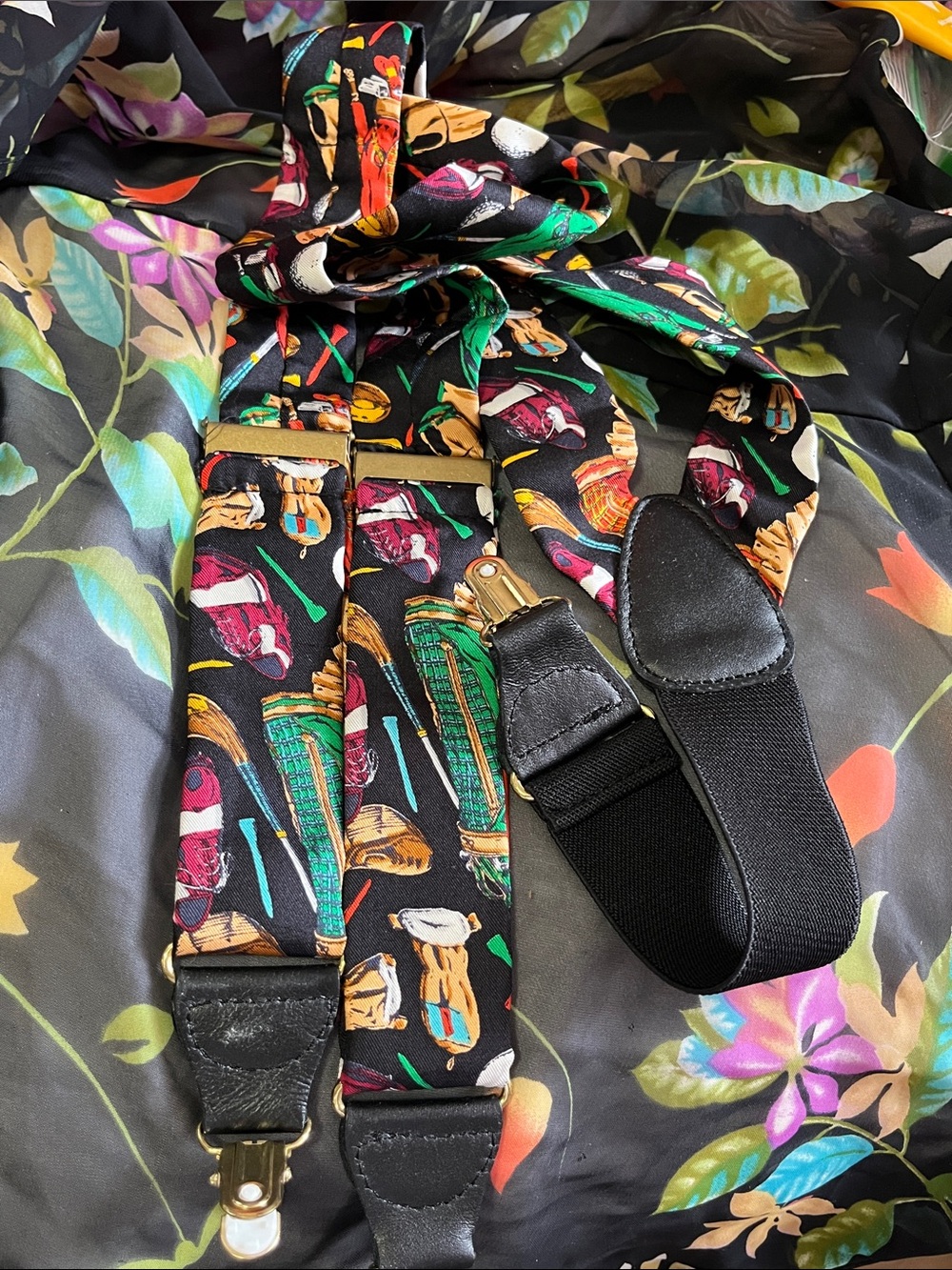 Addiction Black Suspenders with Multicolor Sports Print